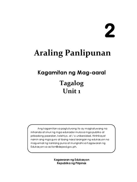 Araling Panlipunan 1: Tagalog Unit 1 Learner’s Material.